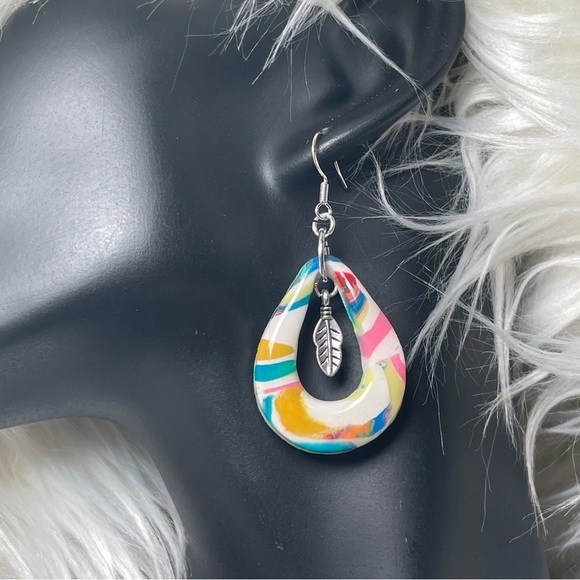 Hand Crafted Jewelry - Custom Made Clay Teardrop Earrings With Antique Silver Feather Charms